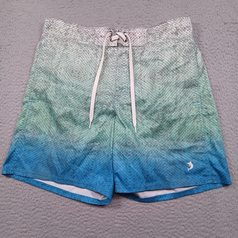 Reel Legends‎ Swim Trunks Mens M Blue Green Fish Scale Performance Board Short